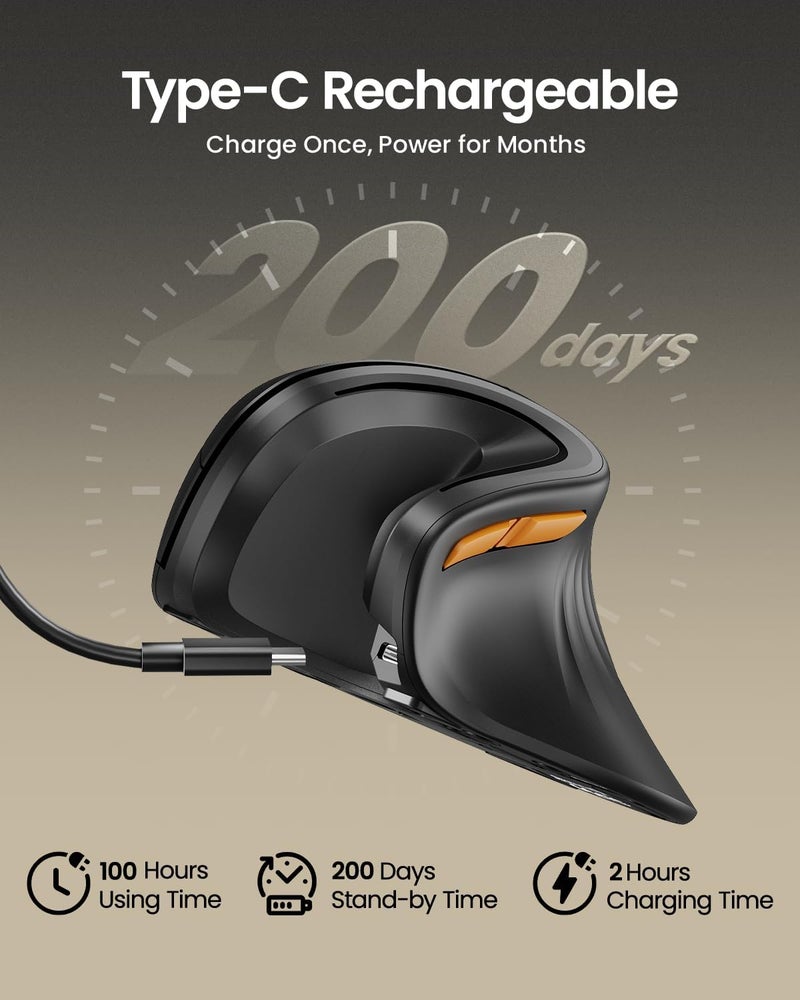 ProtoArc Ergonomic Mouse, EM11 NL Bluetooth Rechargeable Wireless Vertical Mouse, 3 Multi-Device Connectivity for Computer/PC/Laptop, 2.4GHz Optical Mice for Windows, Mac OS, Black - Image 4